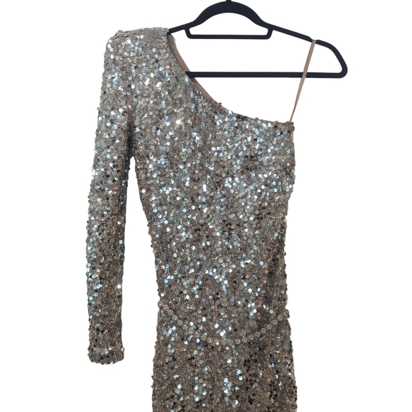 Nadine Merabi Adriana Silver Sequin One Shoulder Maxi Dress Crystal Belt Size XS - Picture 5 of 17